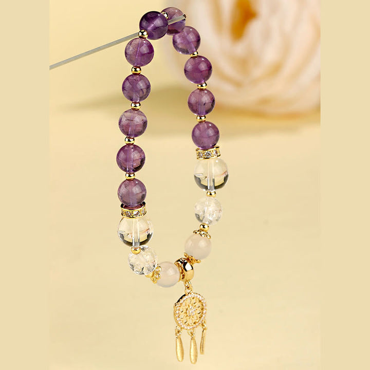 Pulsera curativa de atrapasueños de cristal de amatista, cuarzo, fresa verde, Buddha Stones