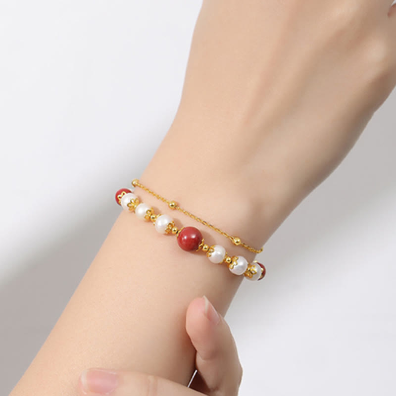 Pulsera de cadena de doble capa con cuentas de sabiduría de cinabrio y perlas de plata de ley 925 con Buddha Stones