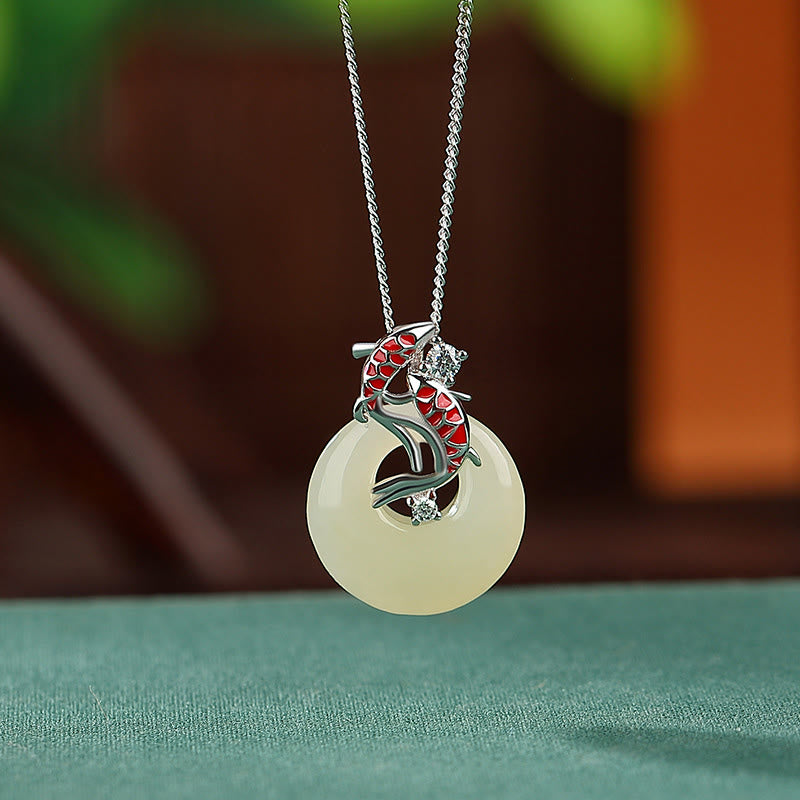 Collar con colgante de plata de ley 925 con Buddha Stones , jade hetiano, hebilla de la paz, pez Koi