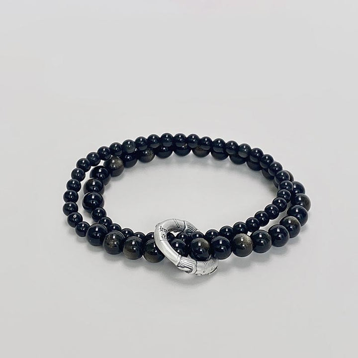 Pulsera de doble capa de obsidiana negra de plata de ley 999 con Buddha Stones