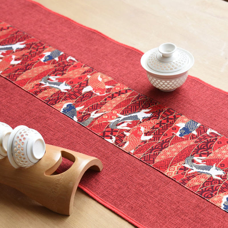 Camino de mesa con borlas de lino y algodón, Buddha Stones, estilo chino clásico, loto, pez Koi, flor, grulla, caligrafía, iluminación