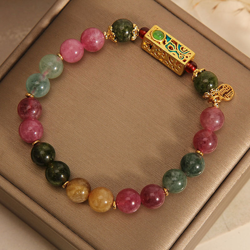Pulsera con dije de personaje Fu positivo de turmalina colorida con Buddha Stones