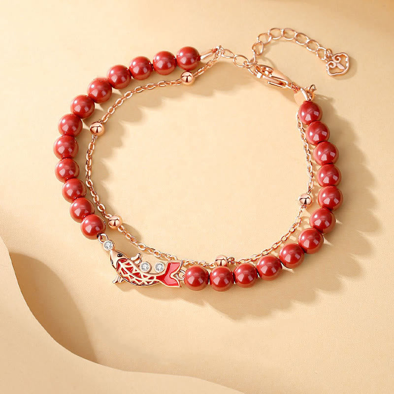 Pulsera de cadena de doble capa con Buddha Stones, Plata de Ley 925, pez Koi de la suerte, circón cinabrio, prosperidad