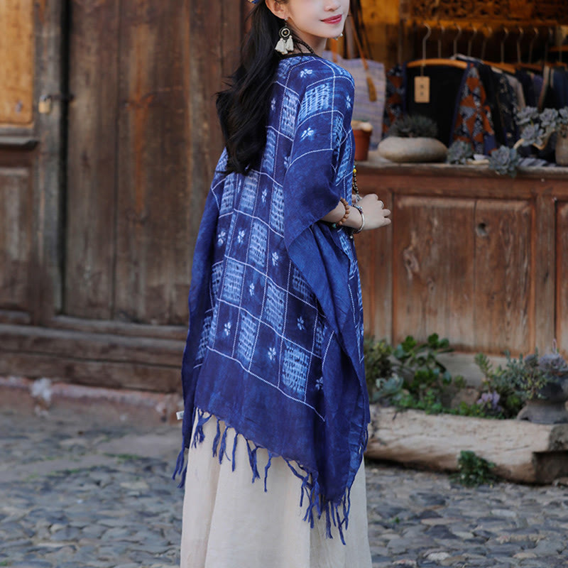 Jersey suave con borlas y chal a cuadros con bloques de Color azul de Buddha Stones 90*95cm
