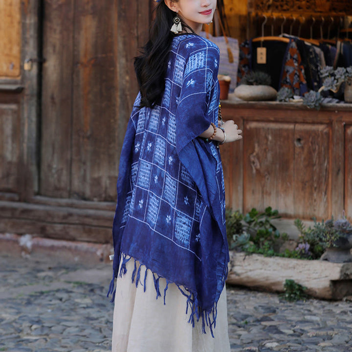 Jersey suave con borlas y chal a cuadros con bloques de Color azul de Buddha Stones 90*95cm