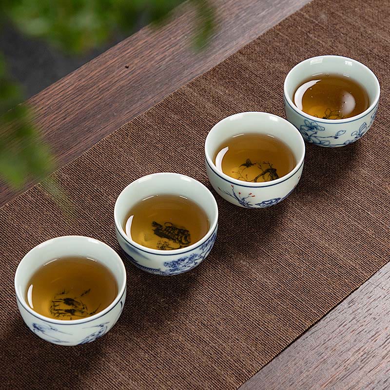 Taza de té de cerámica pequeña con Buddha Stones, paisaje azul, montañas, loto, lindos pabellones de gatos, Magnolia Reed Egrets, taza de té de Kung Fu