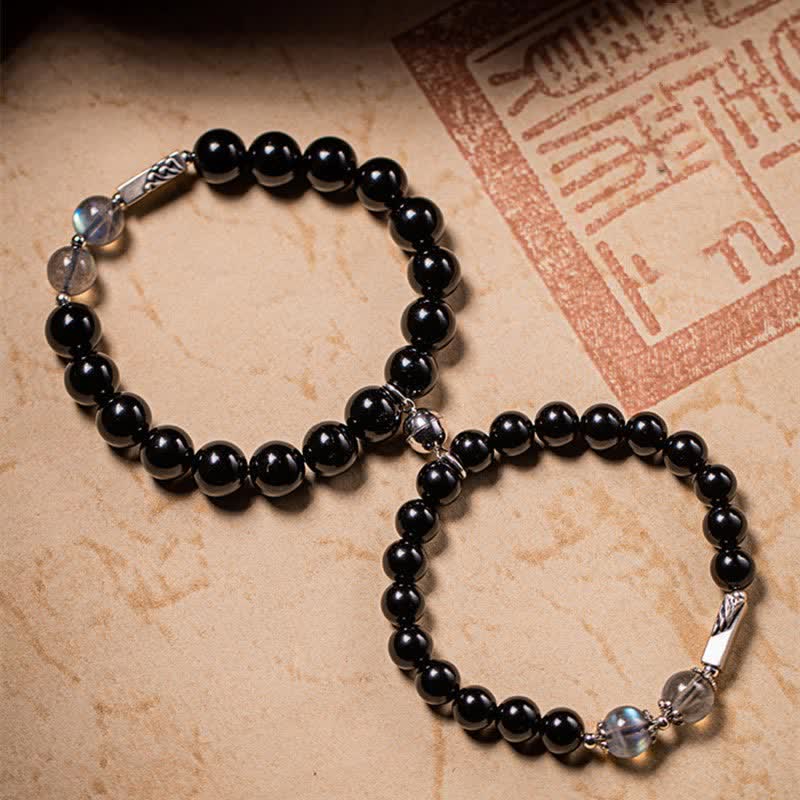 Pulsera de pareja de fuerza de piedra lunar de obsidiana de plata de ley 925
