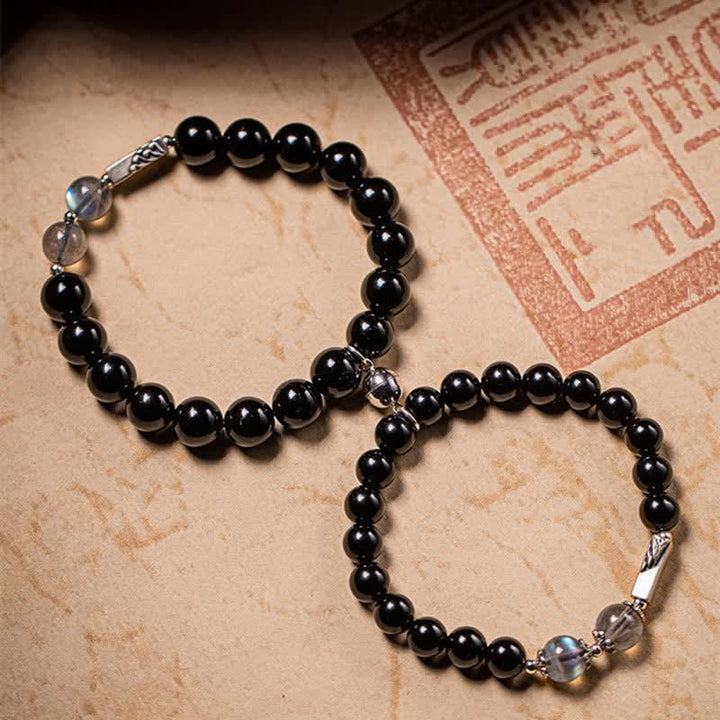 Pulsera de pareja de fuerza de piedra lunar de obsidiana de plata de ley 925