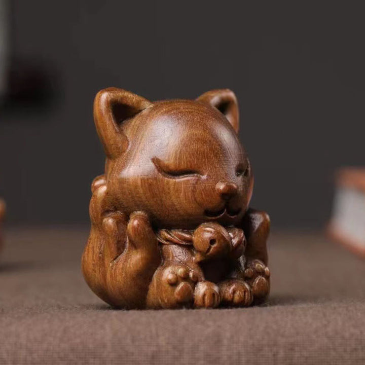 Miniatura de zorro de nueve colas, Buddha Stones, marfil, fruta, sándalo, sándalo verde, decoración bendita