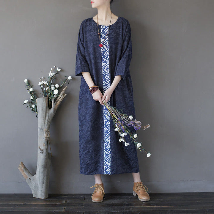 Vestido midi de jacquard con bordado de flores azules y Buddha Stones Vestido de algodón con manga tres cuartos y bolsillos