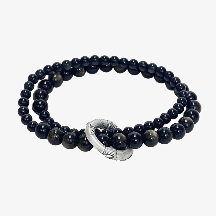Pulsera de doble capa de obsidiana negra de plata de ley 999 con Buddha Stones
