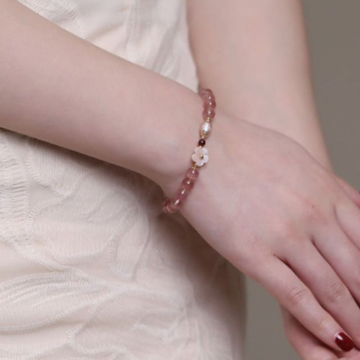 Pulsera de amor con Buddha Stones, cuarzo fresa, flor de melocotón
