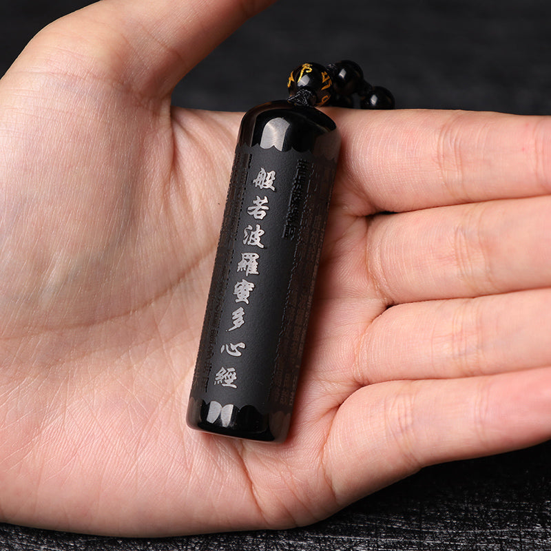 Colgante de collar de purificación de Sutra de corazón de obsidiana negra Natural con Buddha Stones