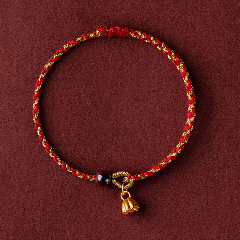 Pulsera trenzada con dije de paz y alegría de loto de cuerda de oro rojo hecha a mano con Buddha Stones