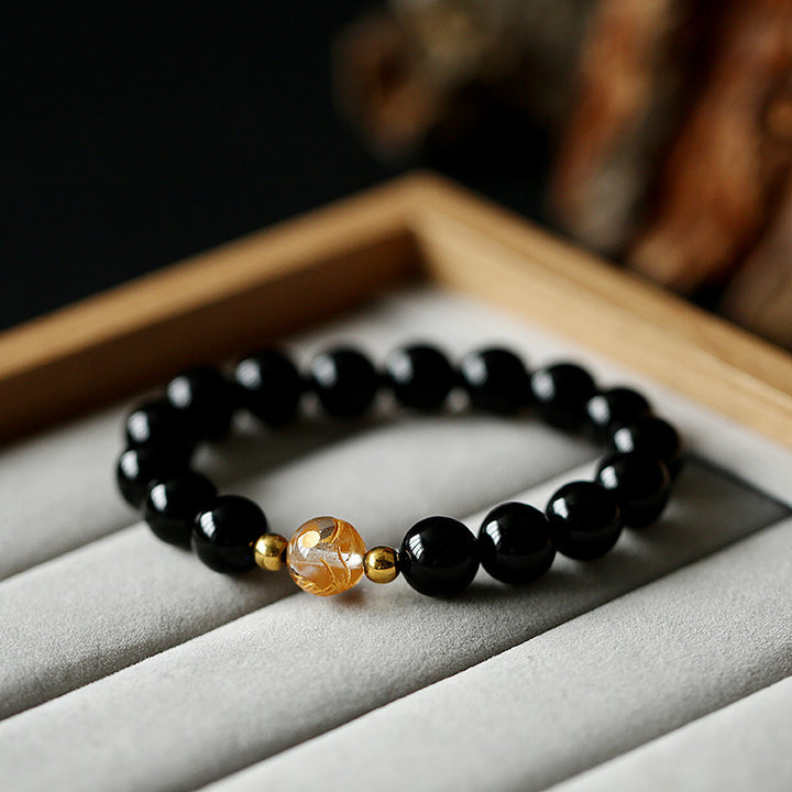 Pulsera de fuerza de dragón de ónix negro de cristal blanco de obsidiana negra natural con Buddha Stones