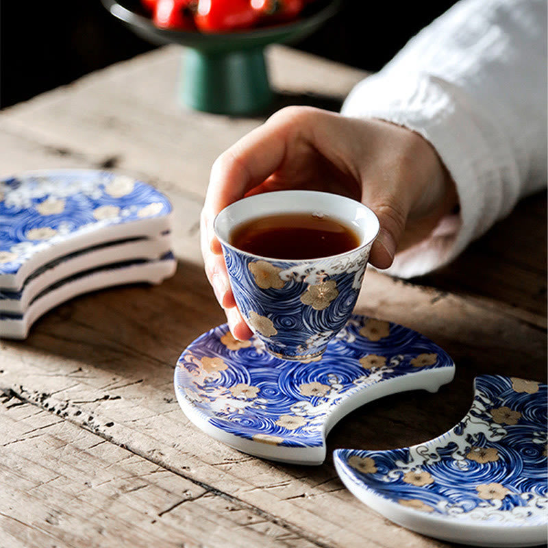 Tazas de té de cerámica con ondas del océano y el mar Vintage de Buddha Stones
