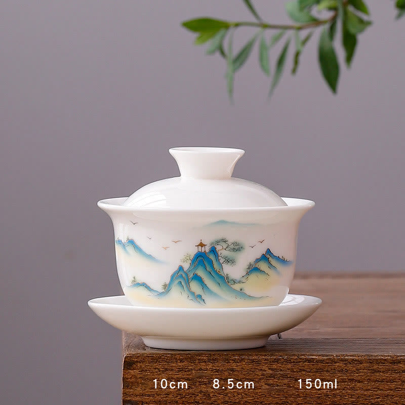 Taza de té y platillo con tapa, porcelana blanca, paisaje de montaña, campo, cerámica, Gaiwan, Kung Fu , Buddha Stones