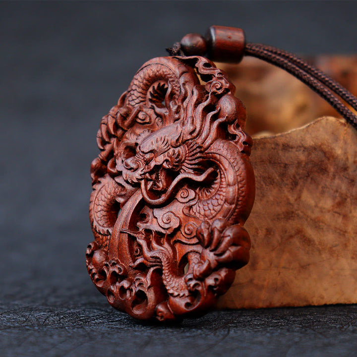 Buddha Stones, relámpago, madera de azufaifo, doble alivio del dragón, protege contra los espíritus malignos, colgante de collar