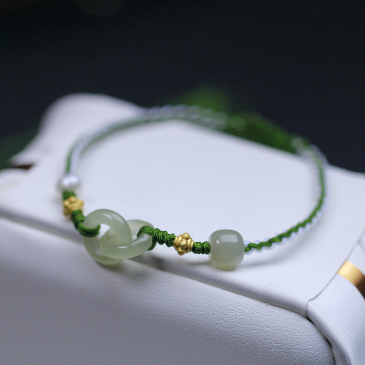 Pulsera trenzada de la suerte con hebilla de paz doble de jade hetiano de plata de ley 925 con Buddha Stones