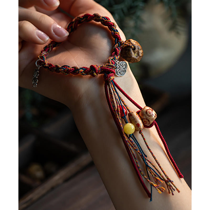 Pulsera de cuerda de fuerza de protección de peces Koi de Plata de Ley 925 con hilo colorido hecho a mano tibetano con Buddha Stones
