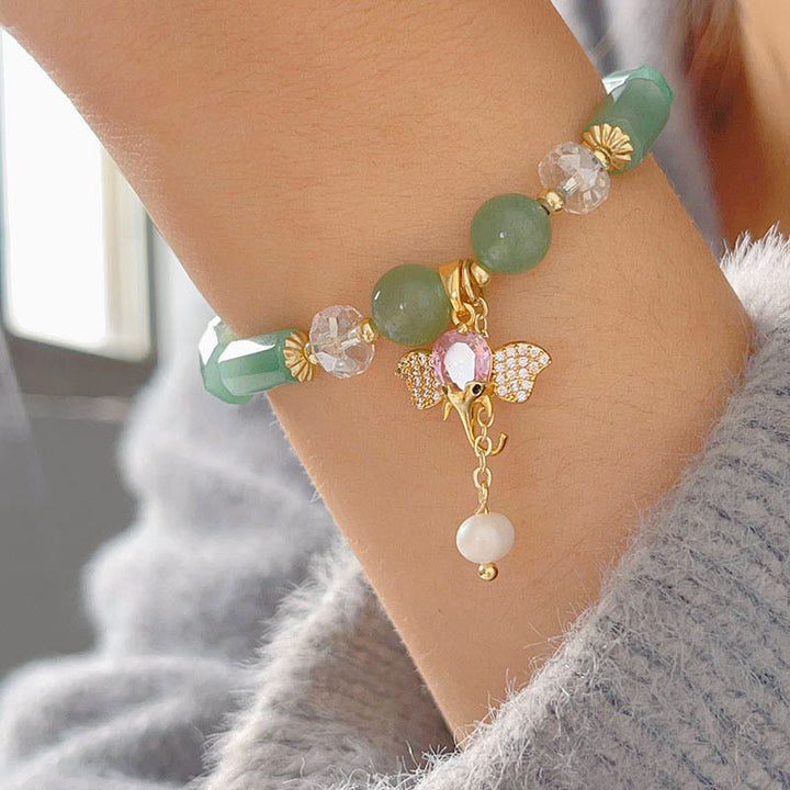 Pulsera con dije de elefante positivo, Buddha Stones , amatista, aventurina verde, cuarzo fresa
