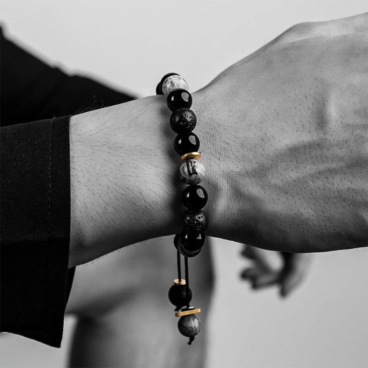 Pulsera de fuerza Yin Yang de piedra de roca de lava de obsidiana negra con Buddha Stones