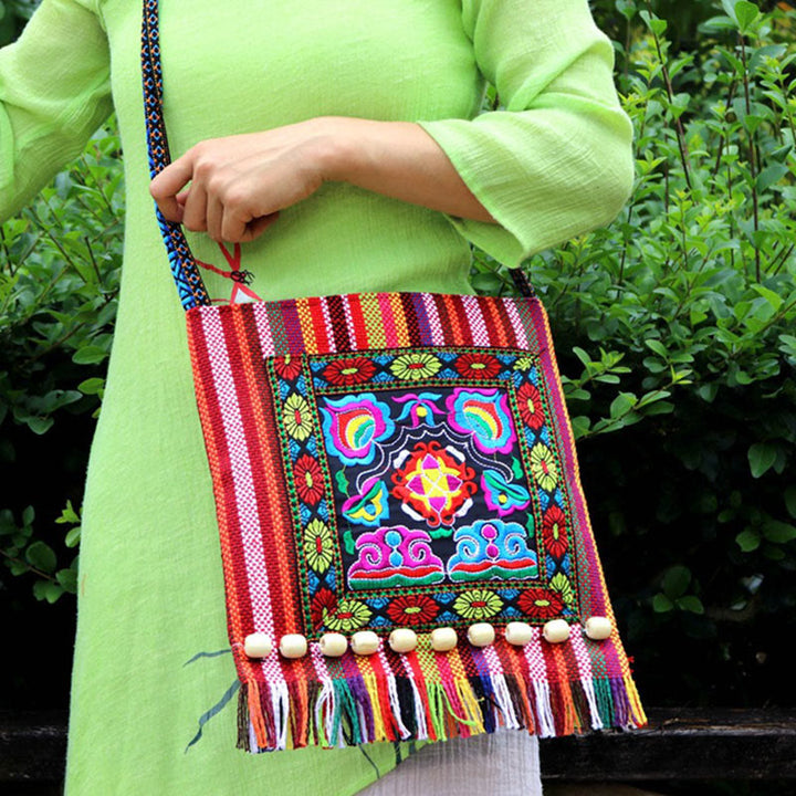 Bolso bandolera de lona de camelia bordado hecho a mano tibetano