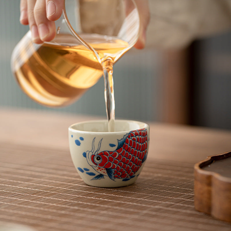 Taza de té de Buddha Stones, pez Koi, Arowana, peonía, girasol, taza de té de Kung Fu, 60ml