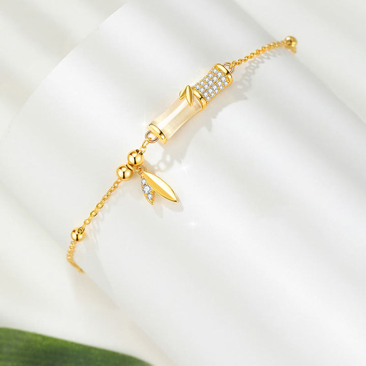 Pulsera de la suerte con hojas de circón de bambú y jade blanco chapada en oro de 18 quilates de plata de ley 925 con Buddha Stones