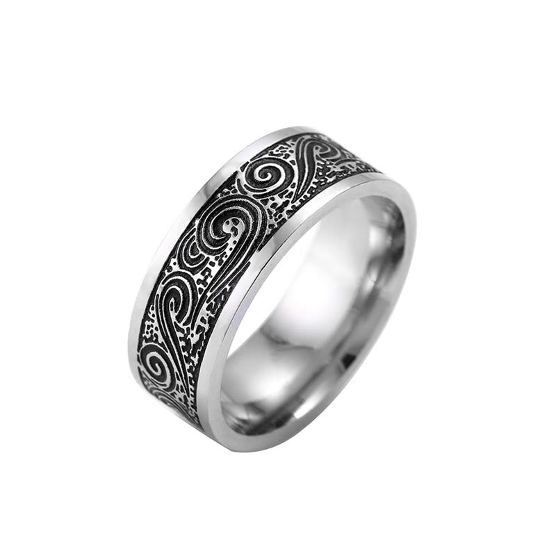 Anillo de equilibrio de acero de titanio con patrón grabado de nubes auspiciosas de onda vintage