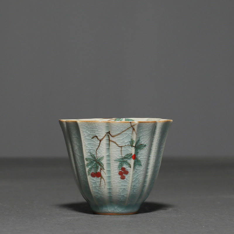 Taza de té de cerámica de Kung Fu con Buddha Stones , níspero, cornejo, espino, gloria de la mañana
