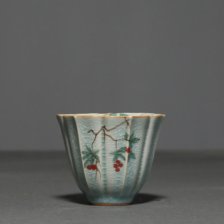 Taza de té de cerámica de Kung Fu con Buddha Stones , níspero, cornejo, espino, gloria de la mañana