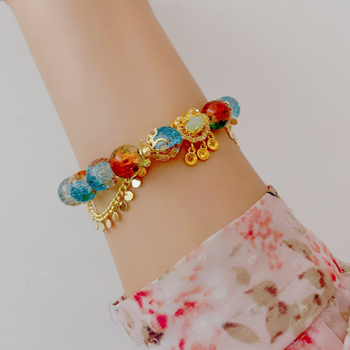 Pulsera de la fortuna con dijes de cerradura china con cuentas de vidrio Liuli coloridas de Buddha Stones