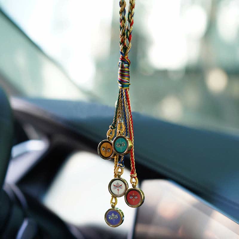 Tíbet hecho a mano cinco dioses de la riqueza Thangka protección pared coche decoración colgante