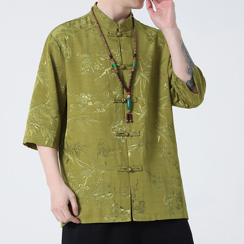 Camiseta china de media manga con botones de rana y hojas de bambú, flor de melocotón, Buddha Stones , camiseta para hombre