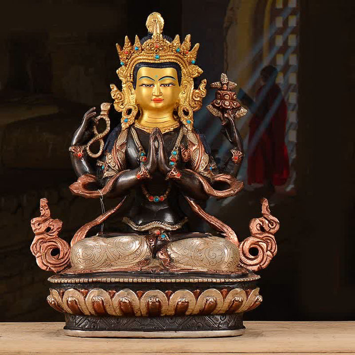 Decoración de estatua de cobre de protección Avalokitesvara de cuatro brazos Bodhisattva Chenrezig