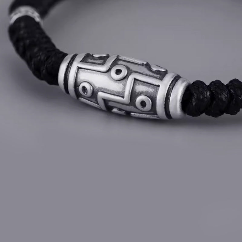 Pulsera de cuerda de bendición con patrón de cuentas Dzi de nueve ojos de plata de ley 999 con Buddha Stones