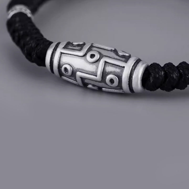 Pulsera de cuerda de bendición con patrón de cuentas Dzi de nueve ojos de plata de ley 999 con Buddha Stones