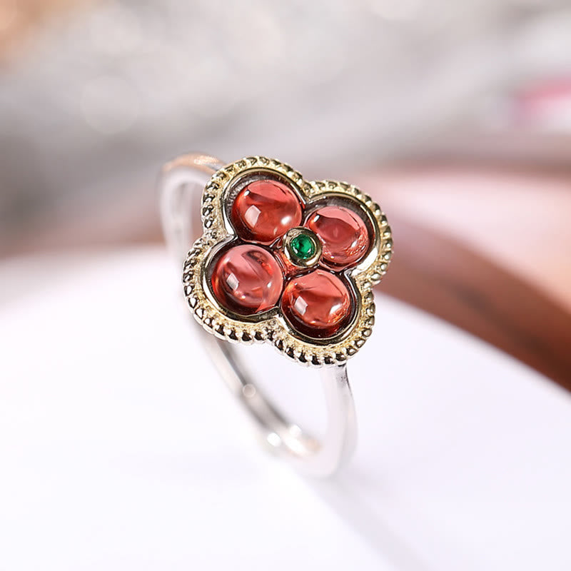 Anillo con colgante de plata de ley 925 con Buddha Stones, granate natural, trébol de cuatro hojas