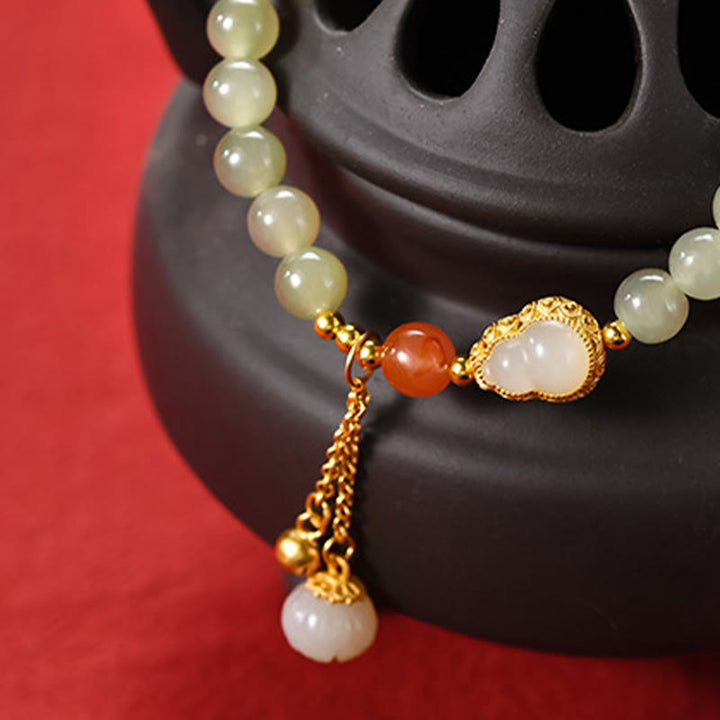 Pulsera de la suerte de la abundancia del loto de la calabaza del jade hetiano de plata de ley 925