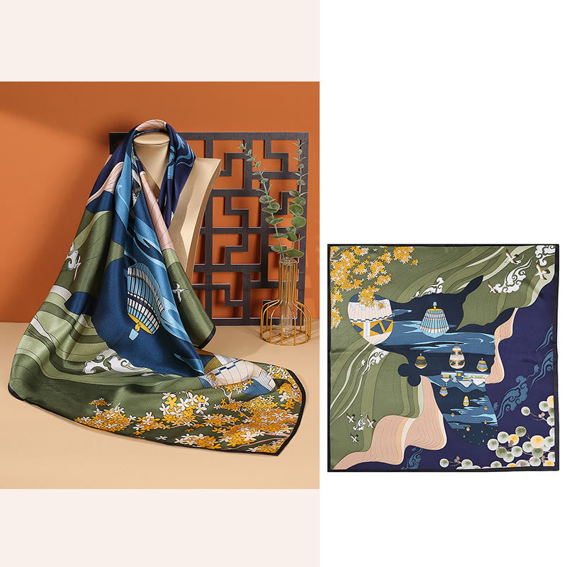 Buddha Stones escena pastoral globo aerostático flor de primavera 100% seda de morera cuello bufanda para el pelo - image 9