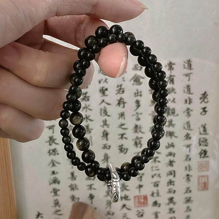 Pulsera de doble capa de obsidiana negra de plata de ley 999 con Buddha Stones