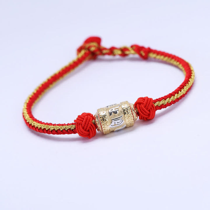 Pulsera de hilo rojo de plata de ley 925 con Buddha Stones Om Mani Padme Hum, rueda de oración, fuerza de la suerte - Rojo y dorado - 18 centímetros - image 0