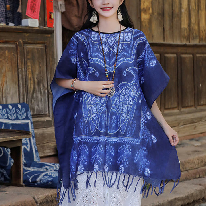 Jersey de viaje suave con borlas y chal de pez Koi teñido anudado azul con Buddha Stones 90*95cm