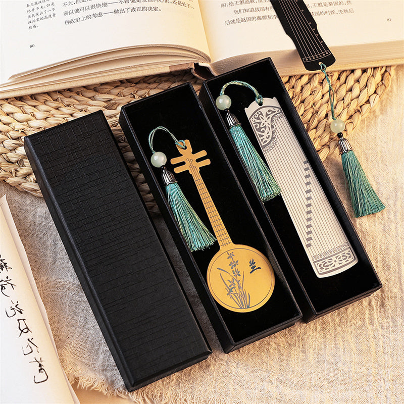 Buddha Stones instrumentos musicales clásicos Pipa Guzheng Guqin Ruan marcapáginas de Metal borla con caja de regalo