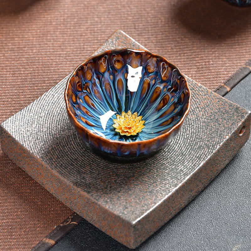 Tazas de té de cerámica con incrustaciones de Buddha Stones , loto, pavo real, dragón, fénix, pez koi, 120 ml