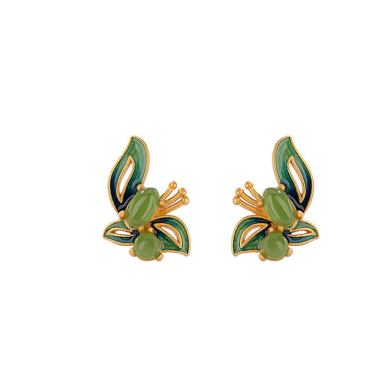 Pendientes curativos de la suerte de mariposa de jade cian natural chapado en plata de ley 925 con Buddha Stones
