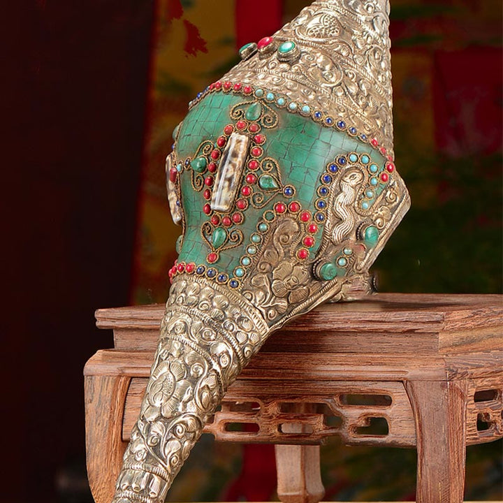 Tibetano hecho a mano grabado Shankha doble Dorje Buda Concha riqueza decoración positiva