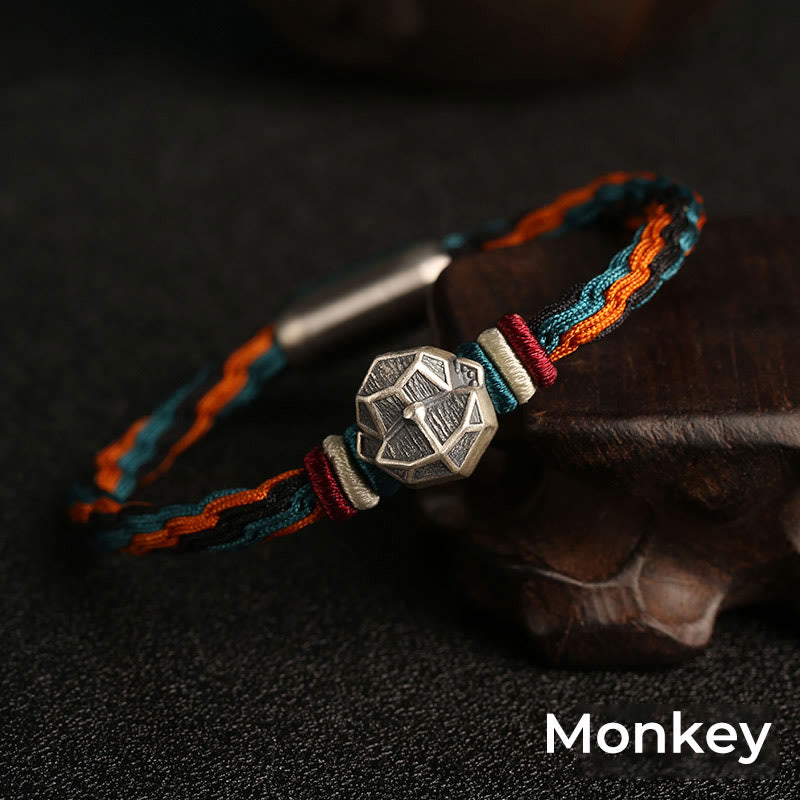 Pulsera de cuerda con nudo de reencarnación colorida, protección del zodiaco chino, Año del Dragón, plata de ley 999 hecha a mano con Buddha Stones
