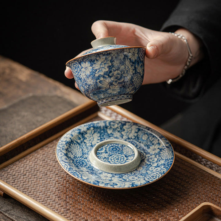 Buddha Stones azul y blanca vintage Flor de durazno Loto Peonía Cerámica Gaiwan Sancai Taza de té Kung Fu Taza de té y platillo con tapa - image 2